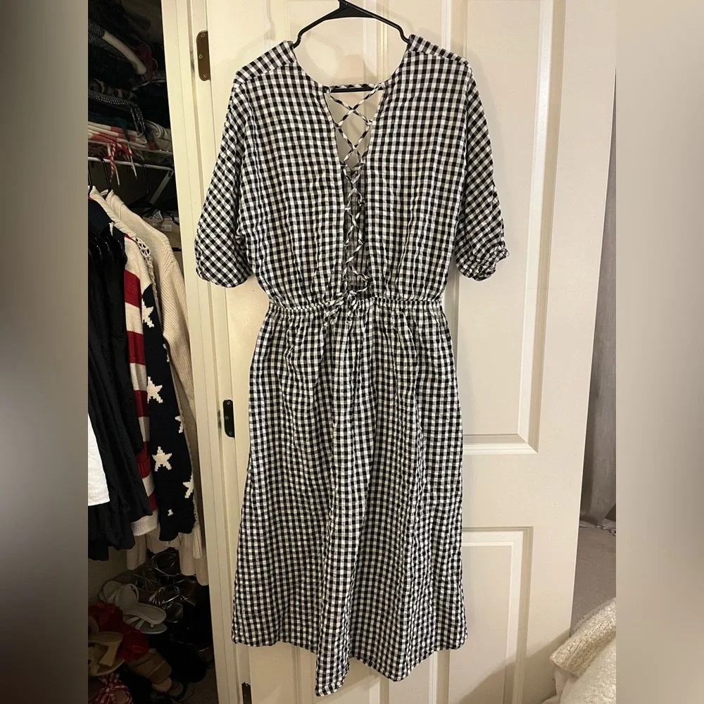 Mango Black & White Gingham V-Neck Open Back Midi Dress - Picture 3 of 6